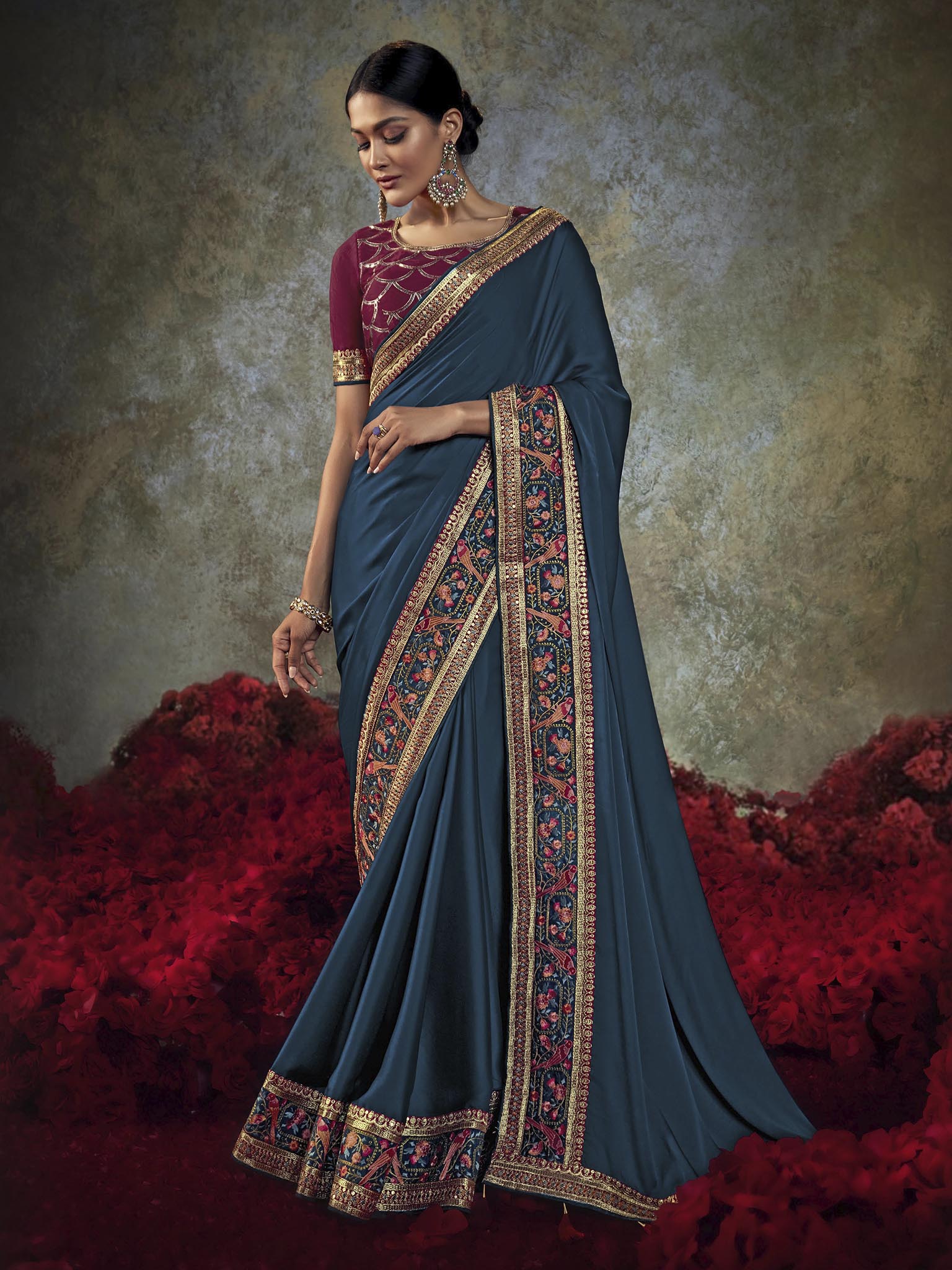 Lavender color Georgette sarees with multi squence full work saree design  -GEOS0012850