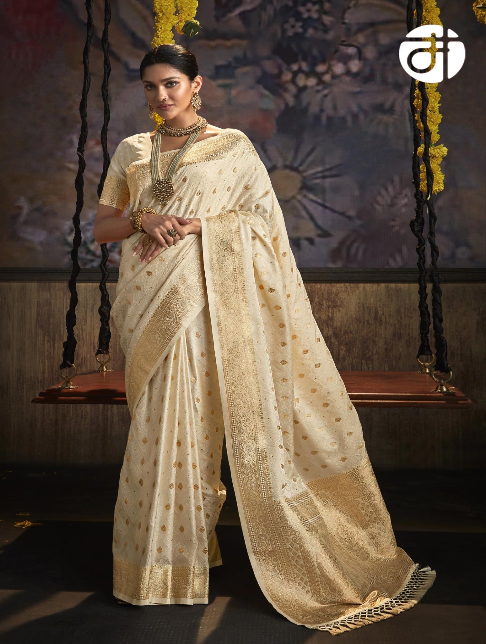 Weaving Silk South Indian Saree in Cream with Blouse UK - SR16297